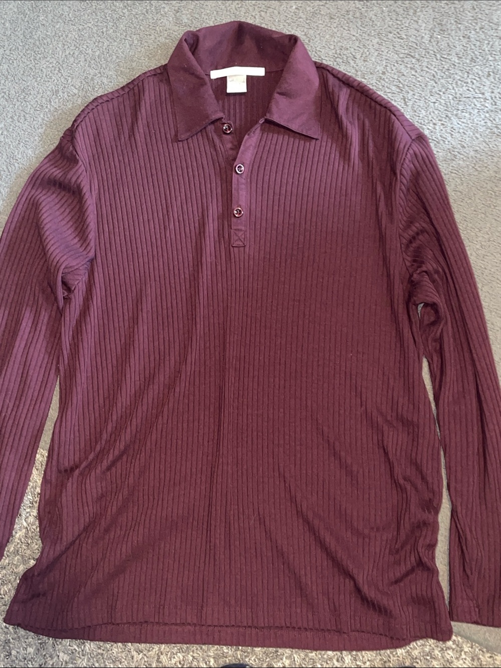 Perry Ellis Ribbed Long-Sleeve Polo Shirt - Burgundy